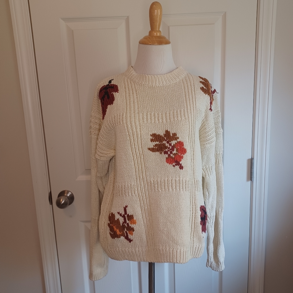 Womens Vintage Leaf Fall Pattern Ramie Cotton Sweater
